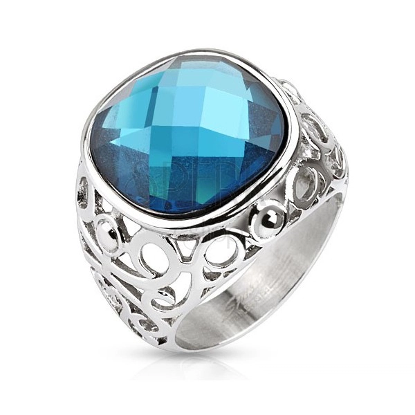 Ocelový prsten, ramena zdobená filigránem, modrý broušený kámen