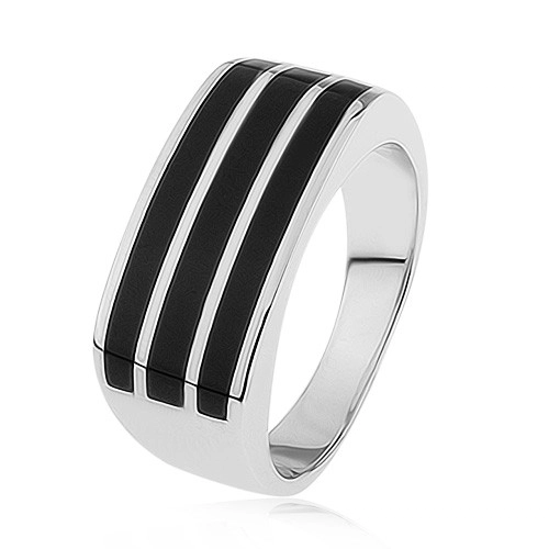 Lesklý stříbrný prsten 925, tři vodorovné pásy s černou glazurou - Velikost: 69