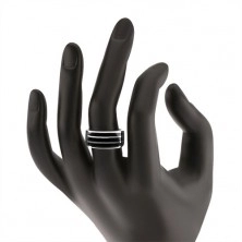 Lesklý stříbrný prsten 925, tři vodorovné pásy s černou glazurou