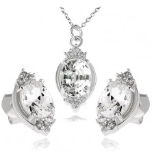 Stříbrný set 925, náhrdelník a náušnice, čirý zirkonový ovál a lístky