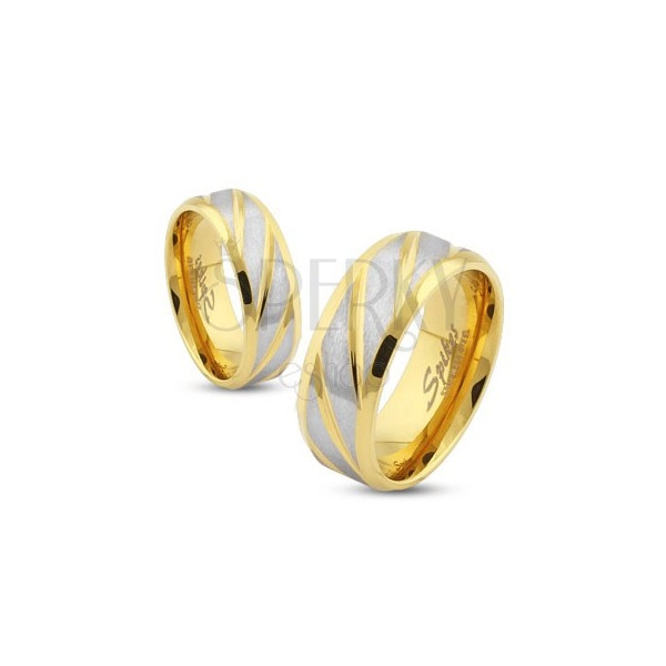 Prsten zlaté barvy z oceli, matné šikmé pásky ve stříbrném odstínu, 8 mm
