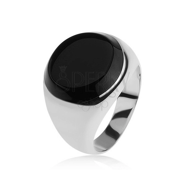 Prsten s černým glazovaným kruhem, lesklá ramena, stříbro 925