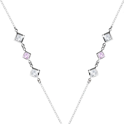 Stříbrný 925 náhrdelník - čiré a fialové zirkonové kosočtverce po stranách