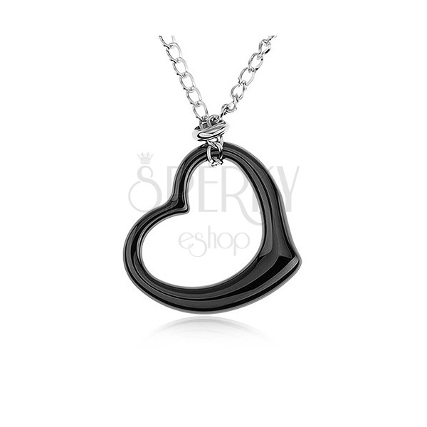 Ocelový náhrdelník, černá keramická kontura srdce, řetízek stříbrné barvy