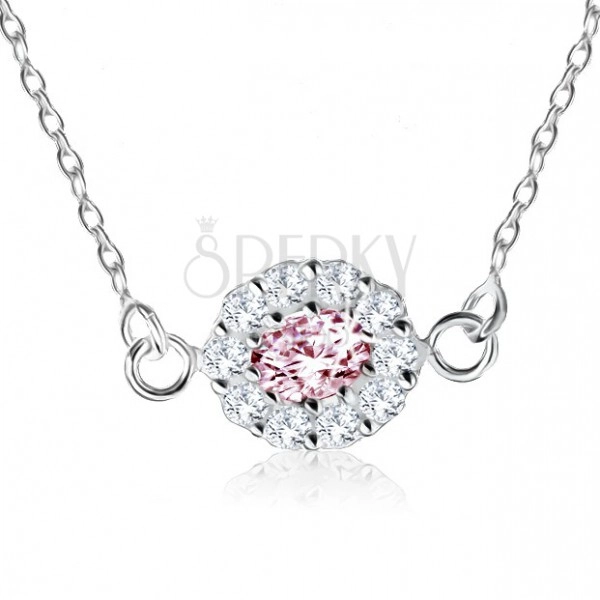 Stříbrný náhrdelník 925, růžový zirkonový ovál lemovaný čirými kamínky