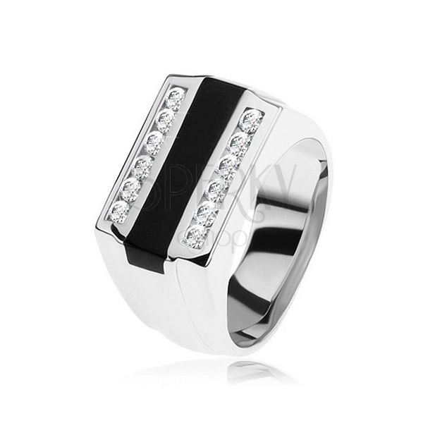 Prsten ze stříbra 925, černý glazovaný pásek, čiré zirkonové linie
