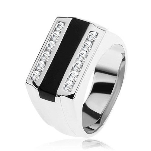 Prsten ze stříbra 925, černý glazovaný pásek, čiré zirkonové linie - Velikost: 69