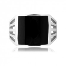 Stříbrný prsten 925, černý glazovaný čtverec, výřezy na ramenech