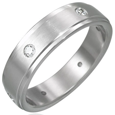 Ocelový prsten matný - 6 zirkonů po obvodu - Velikost: 62