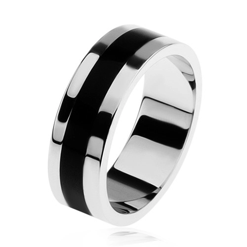 Lesklý stříbrný prsten 925, černý glazovaný pásek uprostřed - Velikost: 57