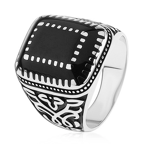 Stříbrný prsten 925, ornamenty na ramenech, obdélníky s černou glazurou - Velikost: 68