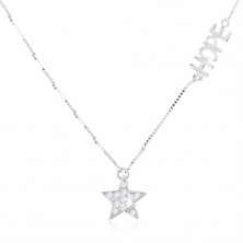 Stříbrný náhrdelník 925 - jemný řetízek, čirá zirkonová hvězda, nápis "HOPE"