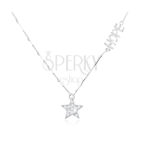 Stříbrný náhrdelník 925 - jemný řetízek, čirá zirkonová hvězda, nápis "HOPE"