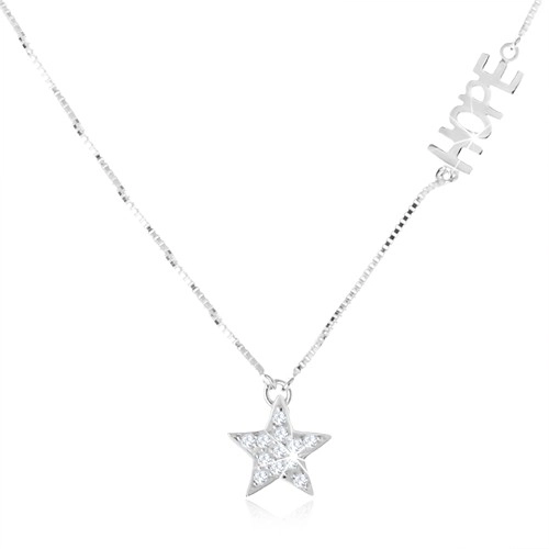 Levně Stříbrný náhrdelník 925 - jemný řetízek, čirá zirkonová hvězda, nápis "HOPE"