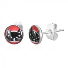 Kulaté ocelové náušnice - hlava černé kočky, červené pozadí