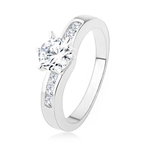 Stříbrný prsten 925, kulatý čirý zirkon, zdobená ramena prstenu - Velikost: 50