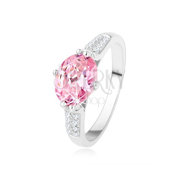 Zásnubní stříbrný prsten 925, oválný růžový zirkon, čiré drobné zirkonky