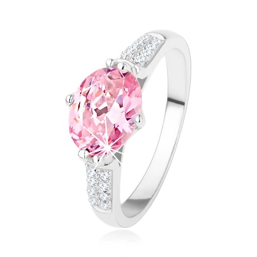 Zásnubní stříbrný prsten 925, oválný růžový zirkon, čiré drobné zirkonky - Velikost: 59