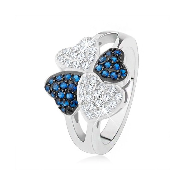Prsten ze stříbra 925, čtyři srdíčka - drobné čiré a modré kamínky