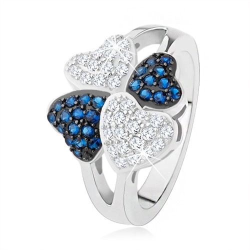 Prsten ze stříbra 925, čtyři srdíčka - drobné čiré a modré kamínky - Velikost: 54