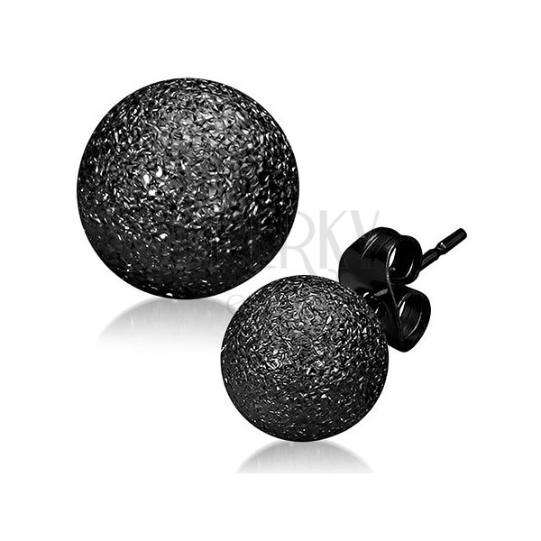 Třpytivé ocelové náušnice - černé pískované kuličky, puzetky