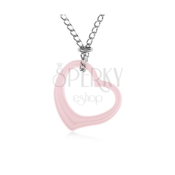 Ocelový náhrdelník, růžová keramická kontura srdce, řetízek stříbrné barvy