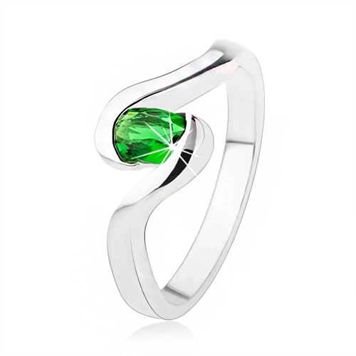 Zásnubní stříbrný prsten 925 - zvlněná ramena, tmavě zelený oválný kamínek - Velikost: 51