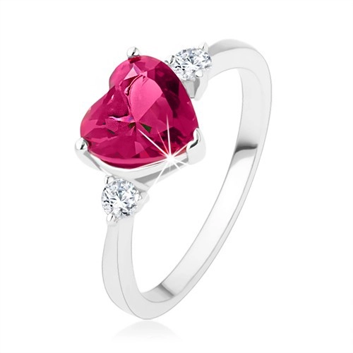 Zásnubní prsten - růžové zirkonové srdce, dva čiré kamínky, stříbro 925 - Velikost: 54