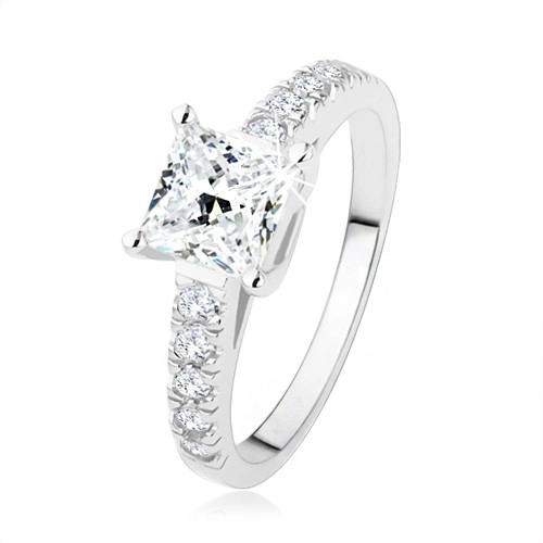 Zásnubní prsten ze stříbra 925, čirý zirkonový čtverec, ramena s kamínky - Velikost: 49