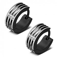 Kruhové náušnice z oceli černé barvy, vyvýšené pásky ve stříbrném odstínu