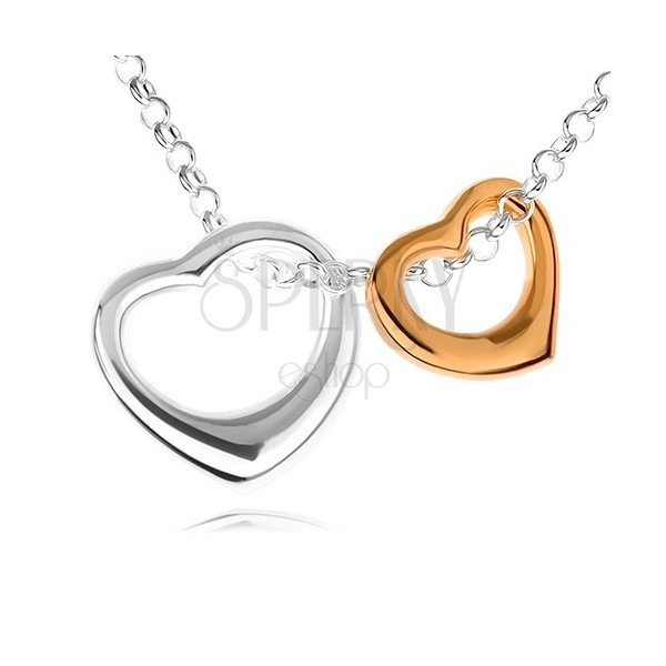 Stříbrný 925 náhrdelník - dvě kontury srdcí ve stříbrném a zlatém provedení