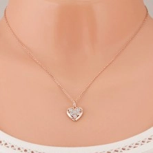 Stříbrný 925 náhrdelník, čiré zirkonové srdce s vroubkovaným lemem, měděná barva