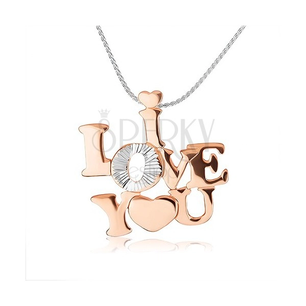 Stříbrný náhrdelník 925 - lesklý nápis "I LOVE YOU" měděné barvy