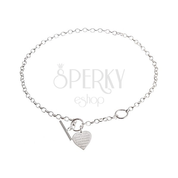 Stříbrný náhrdelník 925, ploché souměrné srdce s nápisem - přání