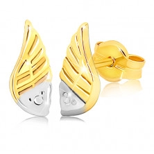 Dvoubarevné rhodiované náušnice v 9K zlatě - gravírované andělské křídlo