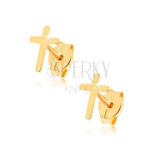 Náušnice ze žlutého 9K zlata - lesklý latinský křížek