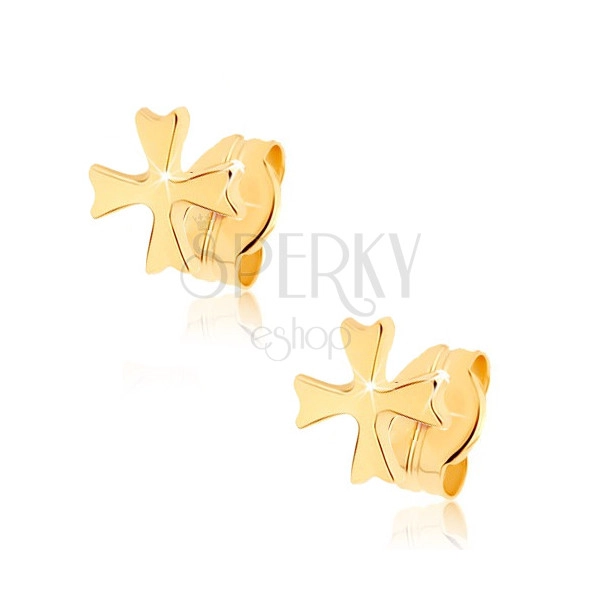 Náušnice ze žlutého 9K zlata - lesklý maltézský kříž, puzetky