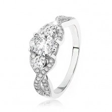 Zářivý stříbrný prsten 925, překřížená zvlněná ramena, oválný zirkon