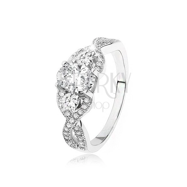 Zářivý stříbrný prsten 925, překřížená zvlněná ramena, oválný zirkon