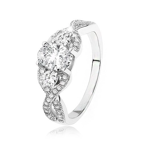 Zářivý stříbrný prsten 925, překřížená zvlněná ramena, oválný zirkon - Velikost: 62