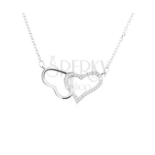 Stříbrný náhrdelník 925, dvě kontury - lesklého a zirkonového srdce