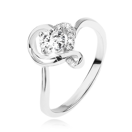Zásnubní prsten ze stříbra 925, kulatý čirý zirkon v obrysu zvlněného srdce - Velikost: 55