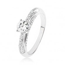 Třpytivý stříbrný prsten 925, čirý kamínek, zdobené boční strany prstenu