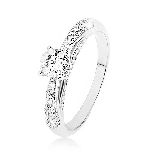 Třpytivý stříbrný prsten 925, čirý kamínek, zdobené boční strany prstenu - Velikost: 51
