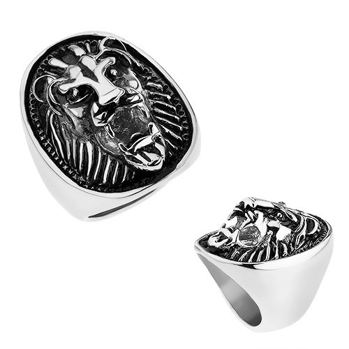 Masivní ocelový prsten stříbrné barvy, vypouklá hlava lva s patinou - Velikost: 56