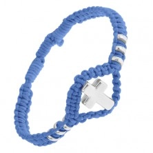 Modrý pletený náramek, lesklý ocelový kříž a kolečka, nastavitelný