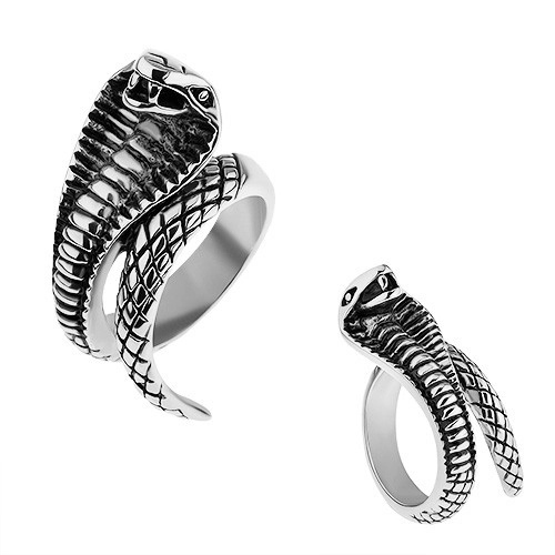 Ocelový prsten stříbrné barvy, vypouklá patinovaná kobra - Velikost: 58