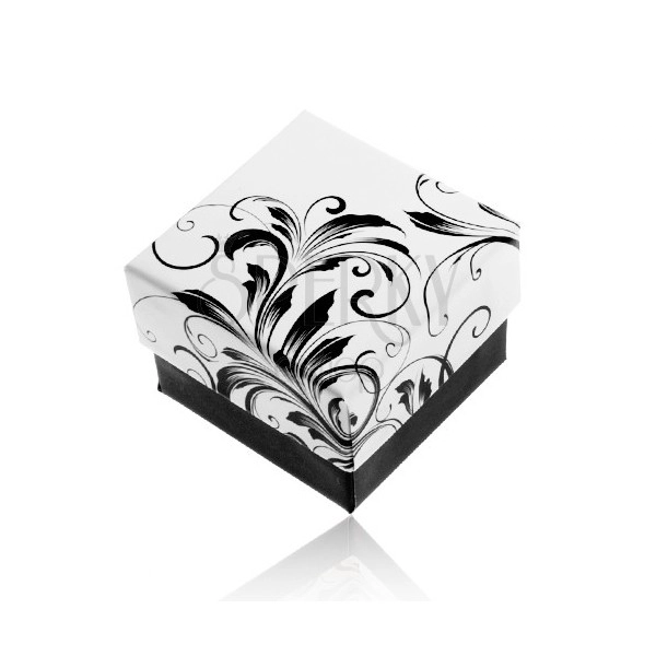 Dárková krabička na prsten, vzor popínavých listů, černobílá kombinace