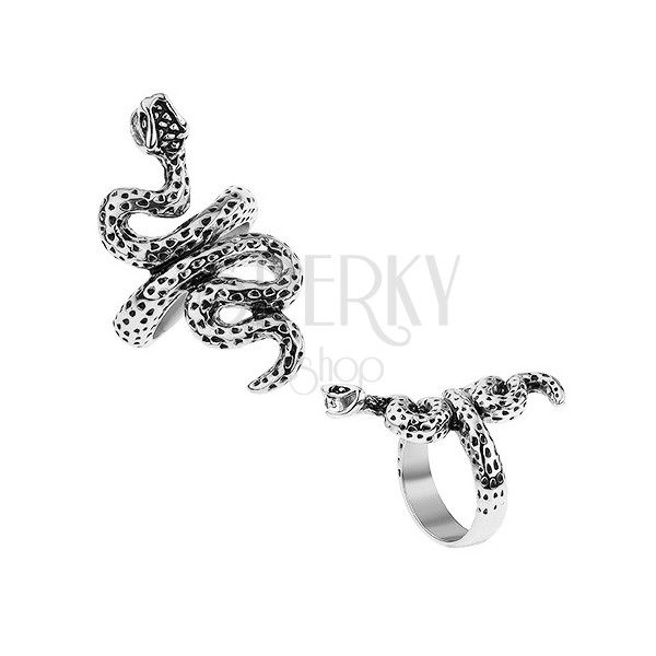 Patinovaný prsten z oceli, stříbrná barva, zvlněný had s tečkami