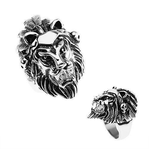 Prsten z oceli 316L, stříbrná barva, hlava lva, čelenka s pírky, lebky - Velikost: 56